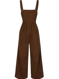 Online Retro Stage 1930s Solid Corduroy Bib Jumpsuit Brown