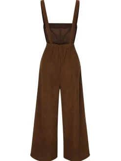 Online Retro Stage 1930s Solid Corduroy Bib Jumpsuit Brown