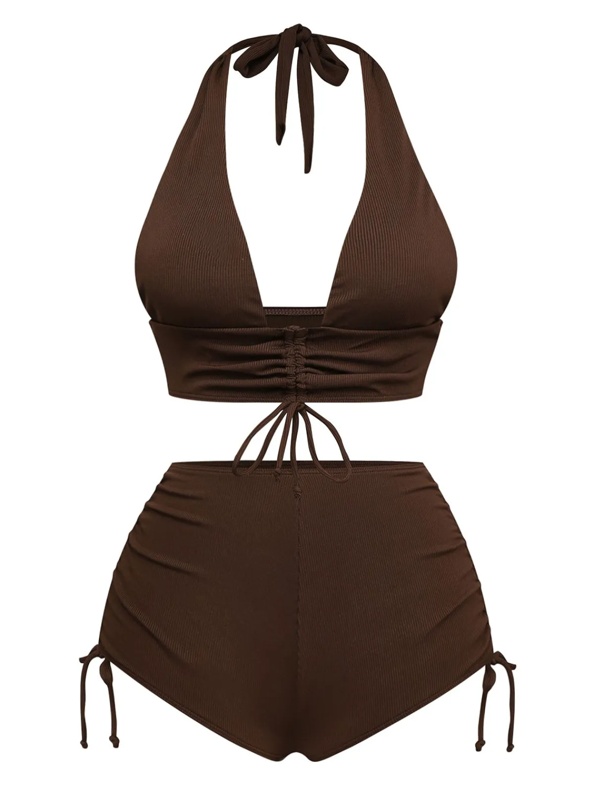 Sale Retro Stage 1950s Solid Deep V-Neck Halter Bikini Set Brown