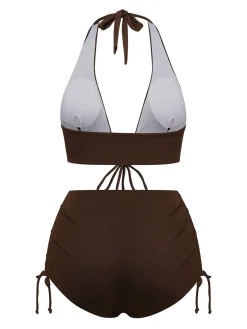Sale Retro Stage 1950s Solid Deep V-Neck Halter Bikini Set Brown