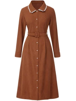 New Retro Stage 1940s Solid Lapel Belted Corduroy Dress Brown