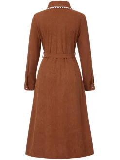 New Retro Stage 1940s Solid Lapel Belted Corduroy Dress Brown