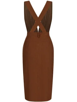 Hot Retro Stage 1960s V-Neck Cross-Back Pinafore Dress Brown
