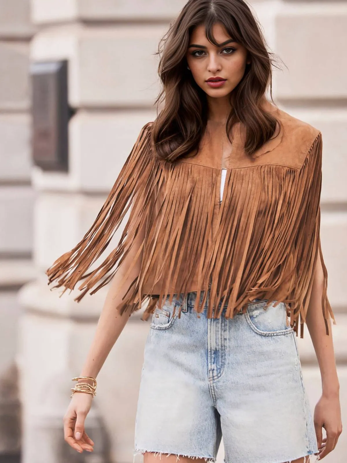 Outlet Retro Stage Brown 1980s Western Fringe Cowgirl Vest Light Brown