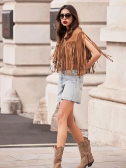 Outlet Retro Stage Brown 1980s Western Fringe Cowgirl Vest Light Brown