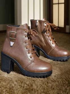 Fashion Retro Stage Vintage Leather Chunky High Heels Brown