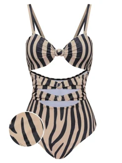 New Retro Stage Zebra Print Cutout One-Piece Swimsuit Brown