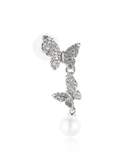 Hot Retro Stage Butterfly Diamond Pearl Asymmetric Earrings