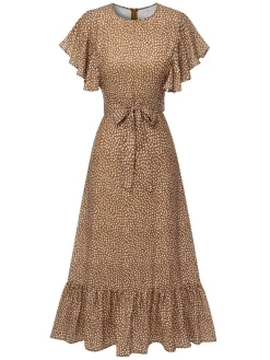 Fashion Retro Stage 1940s Polka Dots Ruffles Dress Camel Color