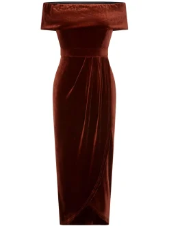 Outlet Retro Stage 1960s Off-Shoulder Tulip Velvet Dress Caramel Color