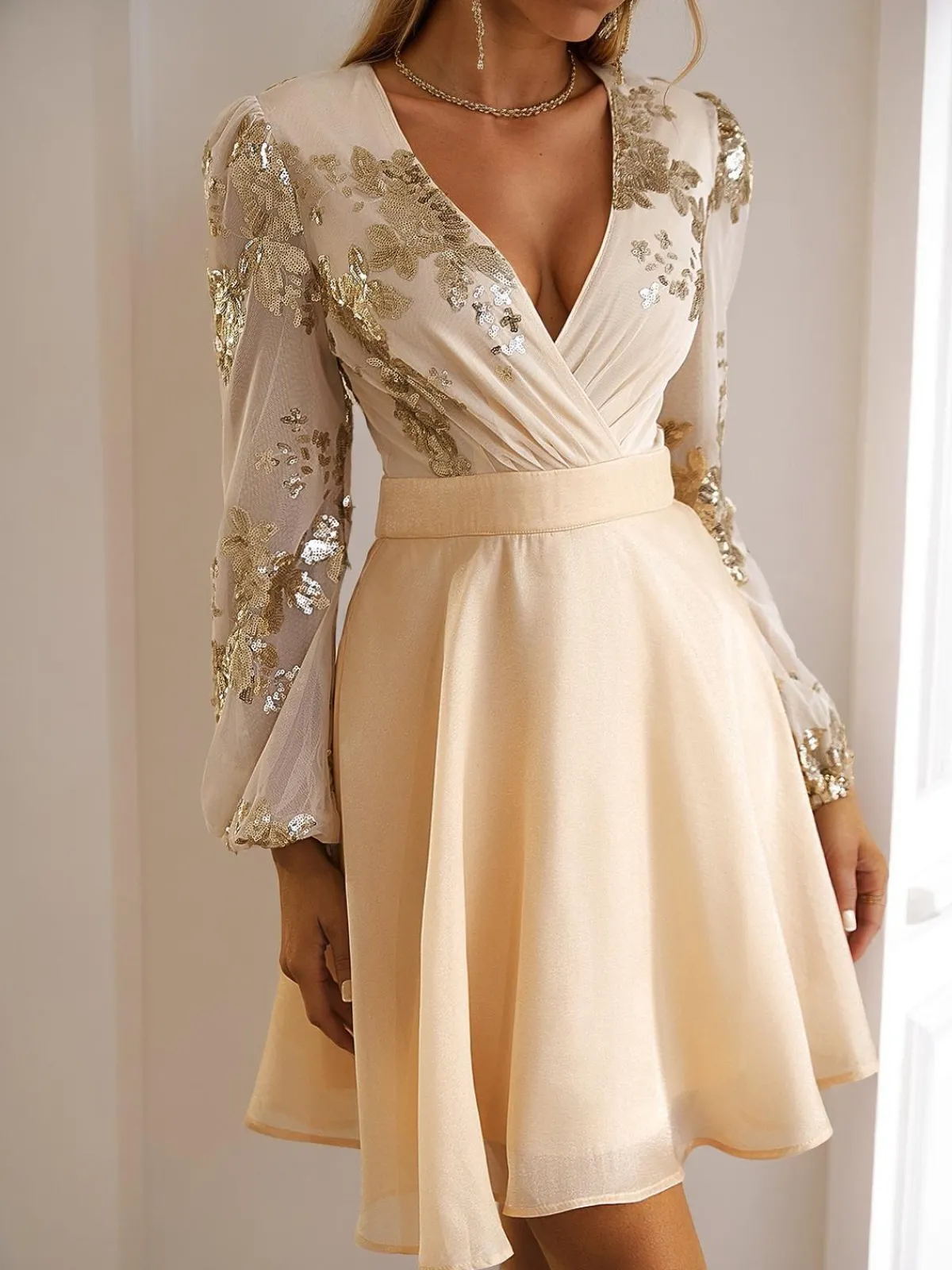 Hot Retro Stage 1980s Gilded Long Sleeves Patchwork Dress Champagne