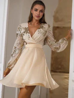 Hot Retro Stage 1980s Gilded Long Sleeves Patchwork Dress Champagne