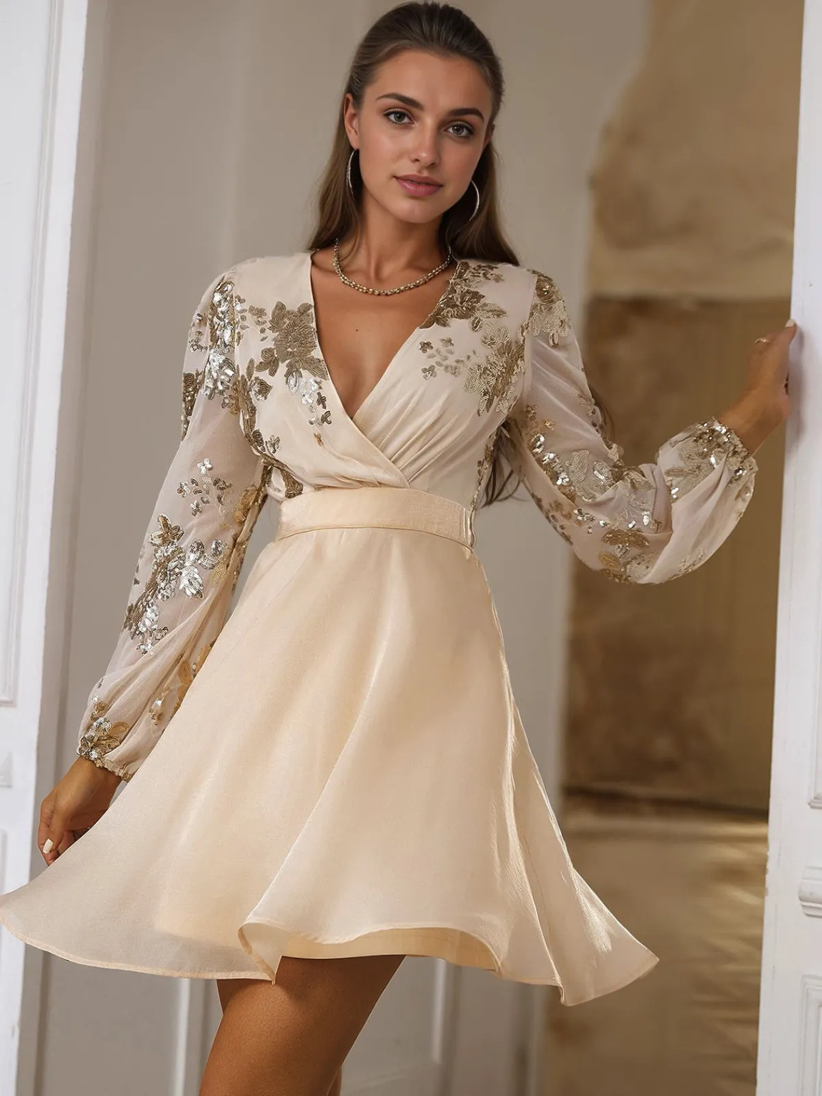 Hot Retro Stage 1980s Gilded Long Sleeves Patchwork Dress Champagne