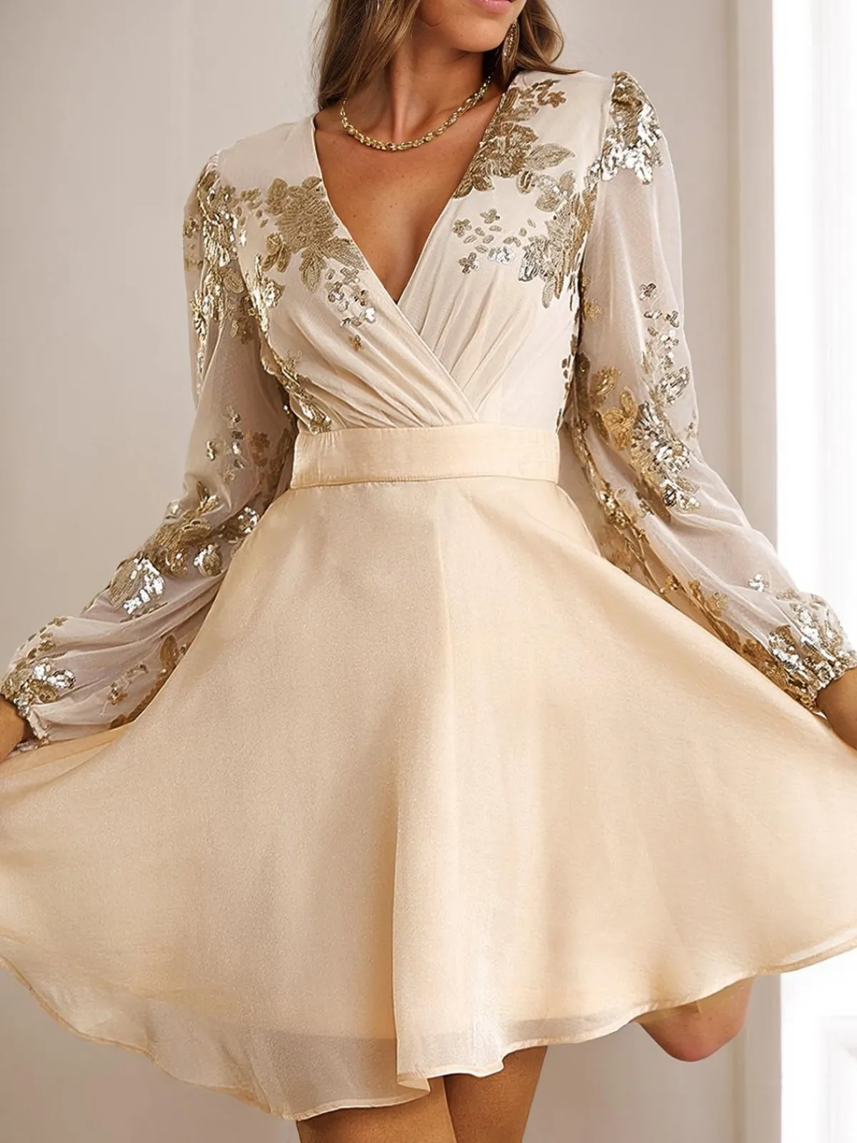Hot Retro Stage 1980s Gilded Long Sleeves Patchwork Dress Champagne