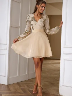 Hot Retro Stage 1980s Gilded Long Sleeves Patchwork Dress Champagne