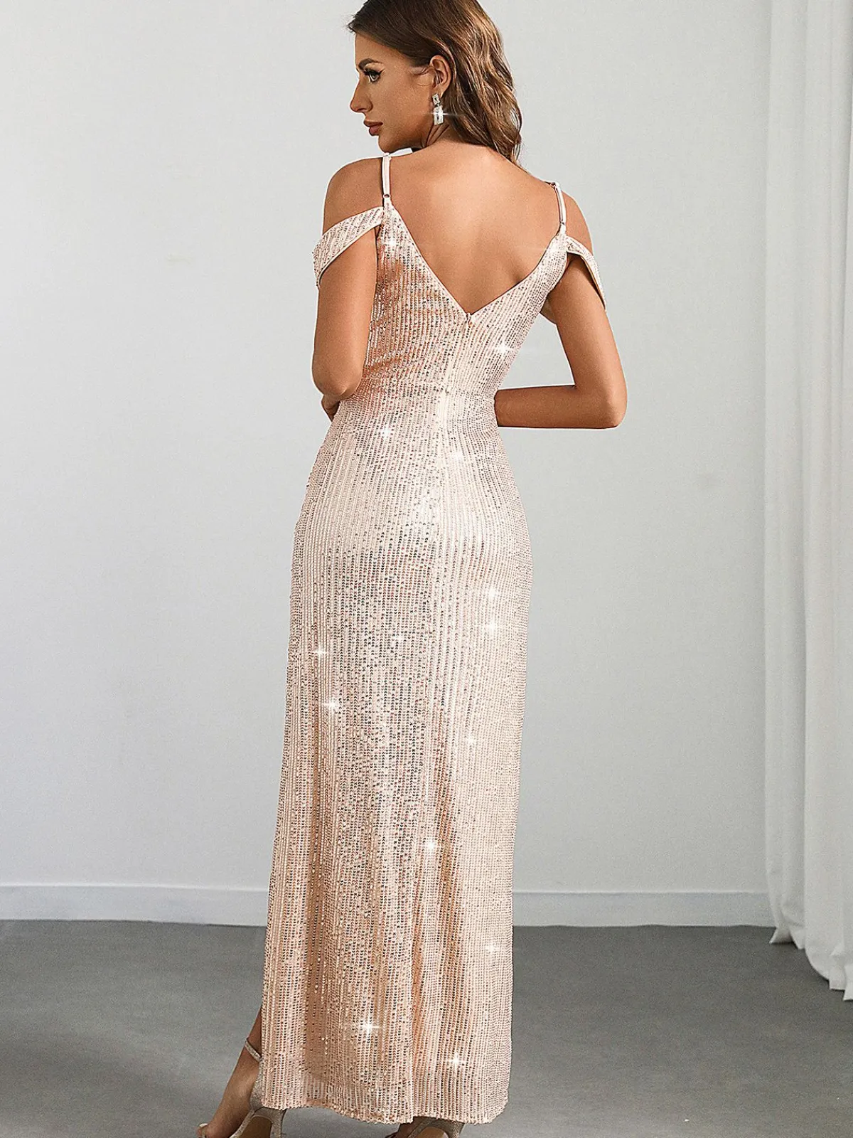 Best Retro Stage 1930s Sequin Cold-Shoulder Mermaid Long Dress Champagne