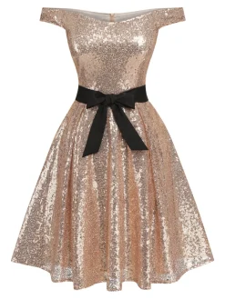 Fashion Retro Stage 1950s Sequined Off-shoulder Dress Champagne