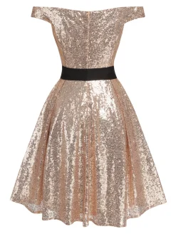 Fashion Retro Stage 1950s Sequined Off-shoulder Dress Champagne