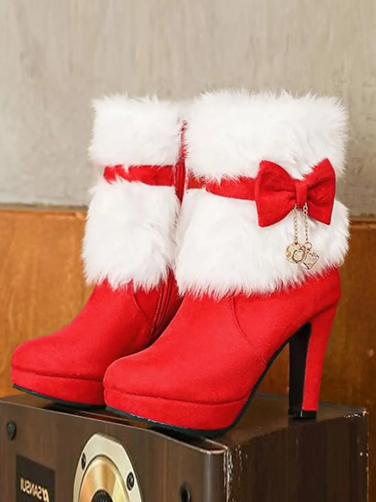 New Retro Stage Christmas Flannelette Fur Beading Chunky Heel Boots Red