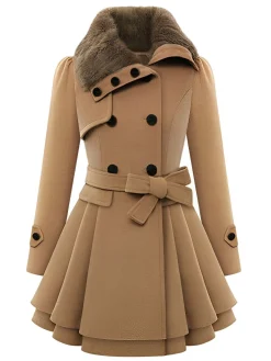 Best Retro Stage Christmas Fur Collar Waisted Woolen Coat