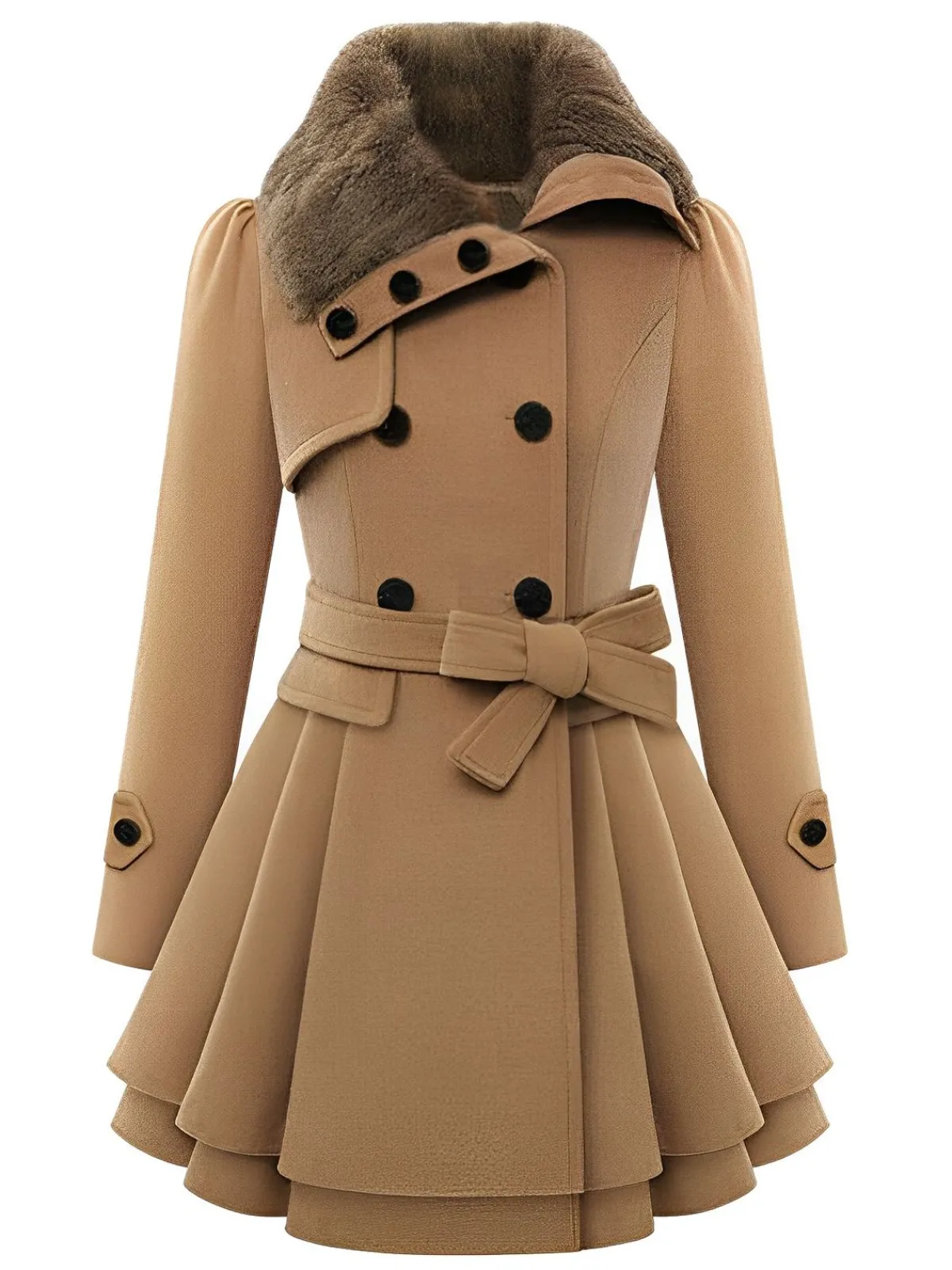 Best Retro Stage Christmas Fur Collar Waisted Woolen Coat