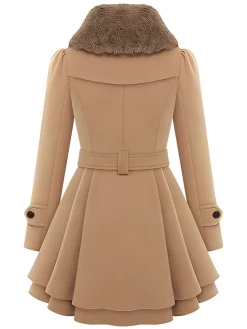 Best Retro Stage Christmas Fur Collar Waisted Woolen Coat
