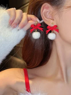Hot Retro Stage Christmas Red Bow White Plush Ball Earrings