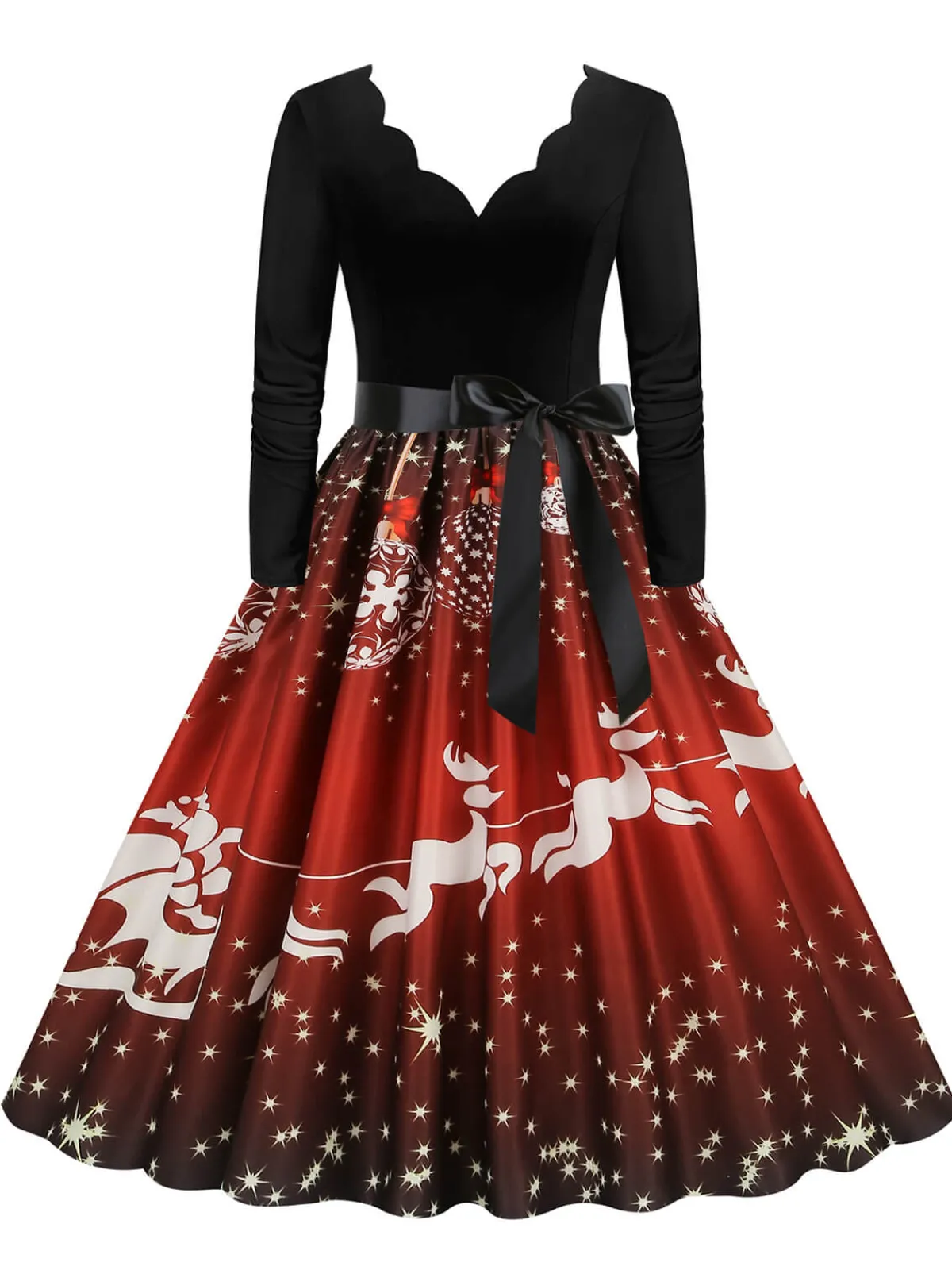 Online Retro Stage Christmas 1950s V-Neck Long Sleeve Patchwork Dress
