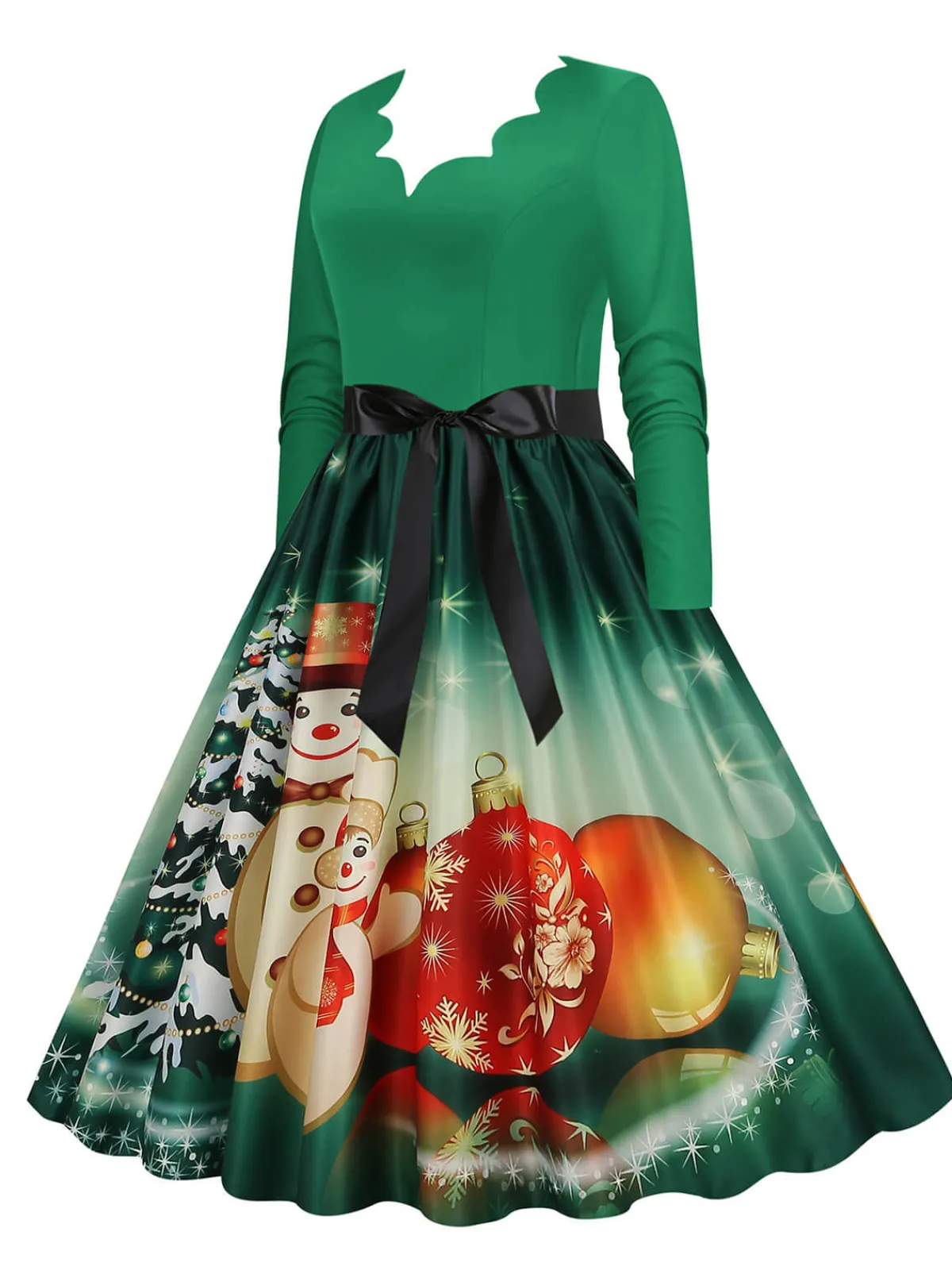Online Retro Stage Christmas 1950s V-Neck Long Sleeve Patchwork Dress