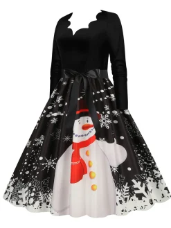 Online Retro Stage Christmas 1950s V-Neck Long Sleeve Patchwork Dress