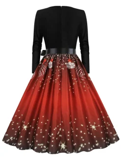 Online Retro Stage Christmas 1950s V-Neck Long Sleeve Patchwork Dress