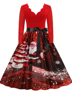 Online Retro Stage Christmas 1950s V-Neck Long Sleeve Patchwork Dress