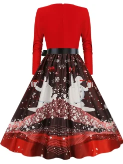 Online Retro Stage Christmas 1950s V-Neck Long Sleeve Patchwork Dress