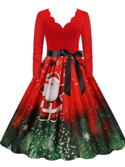 Online Retro Stage Christmas 1950s V-Neck Long Sleeve Patchwork Dress