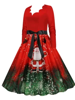 Online Retro Stage Christmas 1950s V-Neck Long Sleeve Patchwork Dress