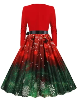 Online Retro Stage Christmas 1950s V-Neck Long Sleeve Patchwork Dress