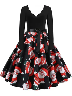 Best Retro Stage Christmas 1950s V-Neck Patchwork Swing Dress