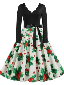 Best Retro Stage Christmas 1950s V-Neck Patchwork Swing Dress