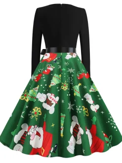 Best Retro Stage Christmas 1950s V-Neck Patchwork Swing Dress