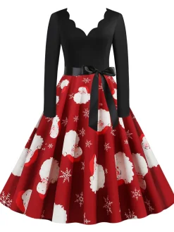 Best Retro Stage Christmas 1950s V-Neck Patchwork Swing Dress