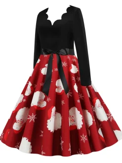 Best Retro Stage Christmas 1950s V-Neck Patchwork Swing Dress