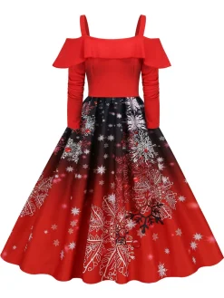 Online Retro Stage Christmas Suspender Ruffle Long Sleeve Dress
