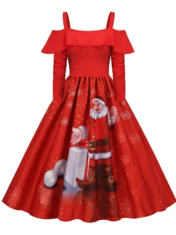 Online Retro Stage Christmas Suspender Ruffle Long Sleeve Dress