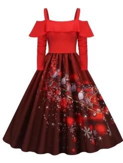 Online Retro Stage Christmas Suspender Ruffle Long Sleeve Dress