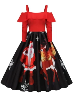 Online Retro Stage Christmas Suspender Ruffle Long Sleeve Dress