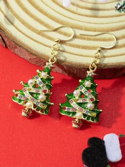 Discount Retro Stage Christmas Tree Enamel Oil-Drip Earrings