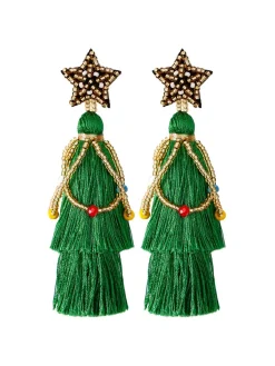 Clearance Retro Stage Christmas Tree Tassel Beaded Dangle Earrings