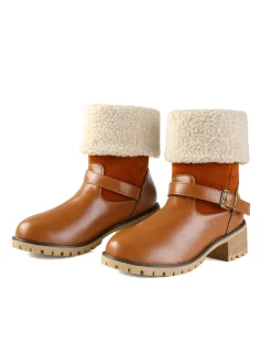 Online Retro Stage Chunky Heel Belt Buckle Plush Mid-Calf Boots Khaki