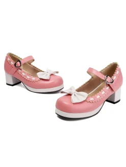 Fashion Retro Stage Chunky Heel Two Tone Bow Marry Jane Shoes
