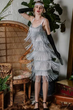 New Retro Stage [Clearance] Belted 1920s Fringe Gatsby Dress Gray